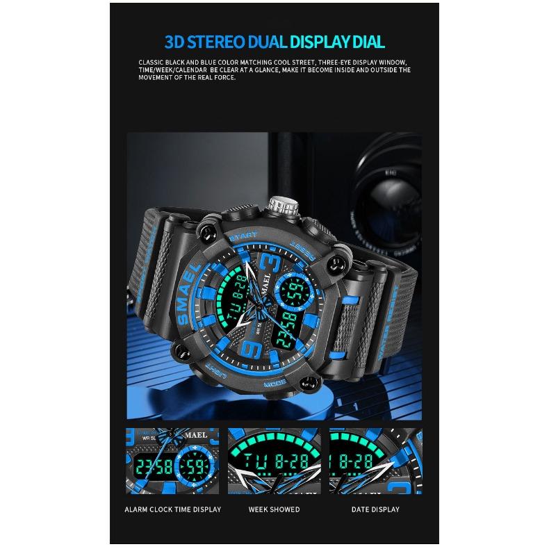 Ceas digital cu afișaj dublu SMAEL pentru studenți de sex masculin Ceas electronic cu funcție de alarmă multifuncțională anti-luminozitate în întuneric