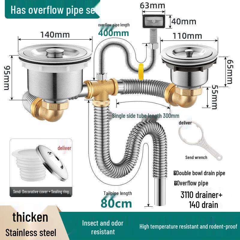 TLXT Kitchen Double Sink Drain Pipe Set