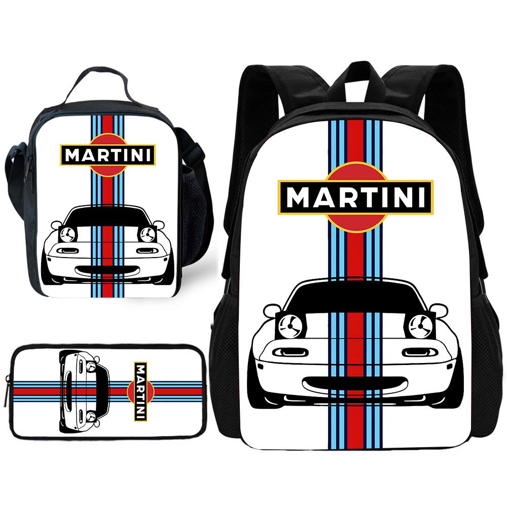 Racing M-MartiniS S-StripeS Kinder Schoolrugzak met Lunchtassen, Etui's, Schooltassen voor Jongens Meisjes Beste Cadeau