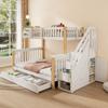 Kinderstapelbed, Multifunctioneel Bed met Opbergmand, met Lade, Trapkast, Opbergkast, zonder Matras, Wit + Natuurlijke Kleur