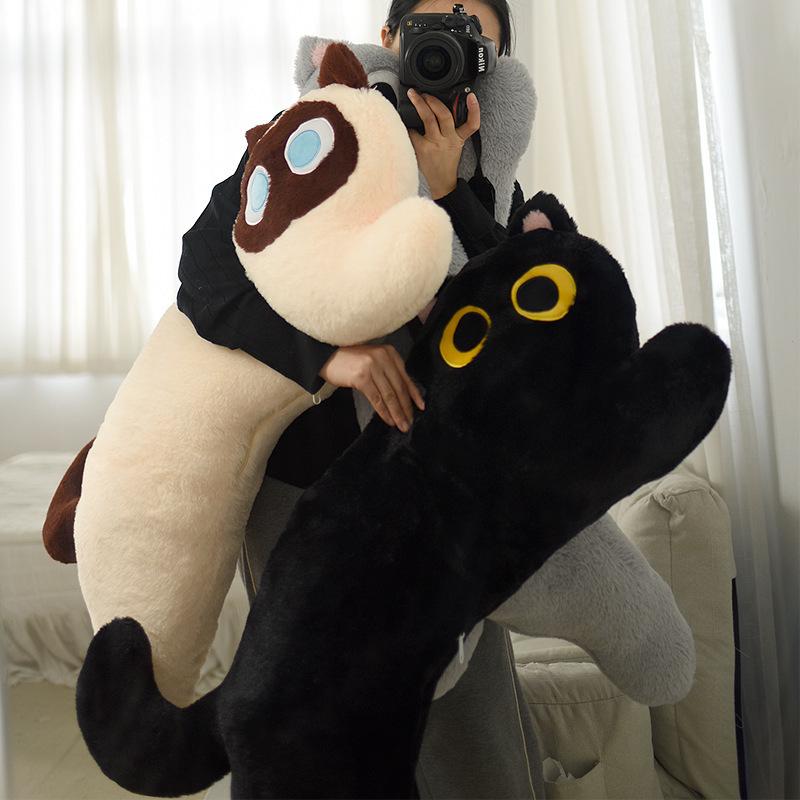 Plush Black Cat Backrest Pillow - Cute Dormitory or Bedside Long Pillow for Sleeping and Leg Support