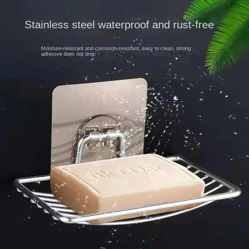 Stainless Steel Soap Rack Punch-free Nail-free Bathroom Single Layer Drain Wall Hanging Sucker Soap Box Light Luxury Shelf