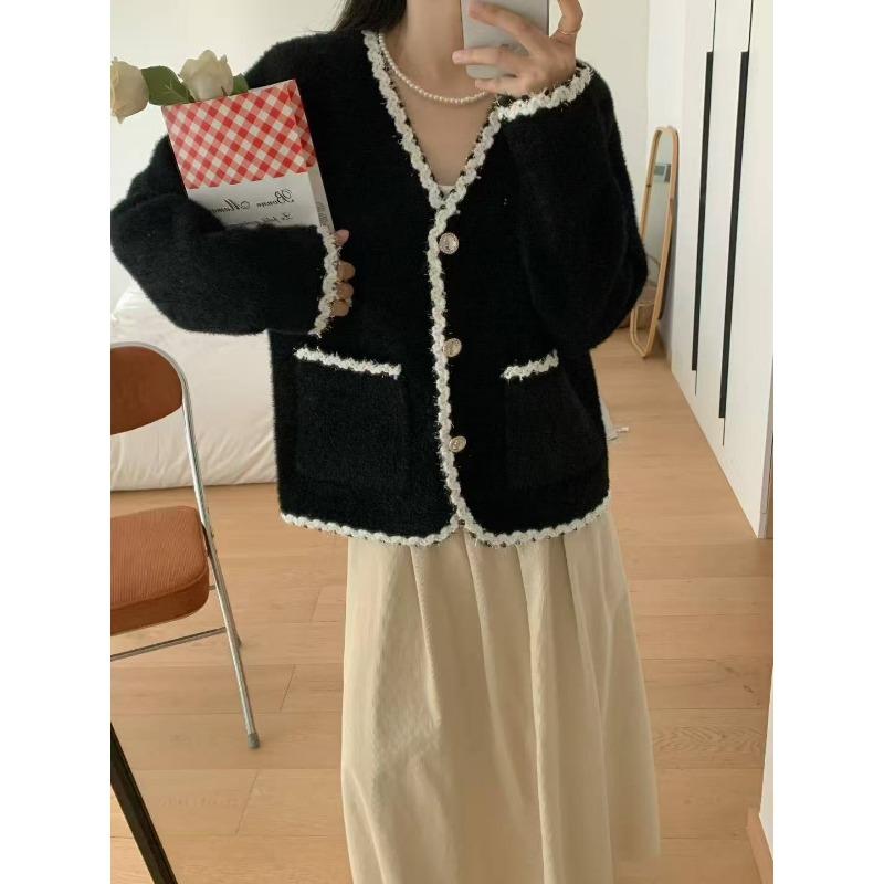 

Вязаный кардиган из искусственного норкового бархата, новый осенне-зимний, с V-образным вырезом, темпераментный, свободный свитер-жакет для женщин One size чёрный