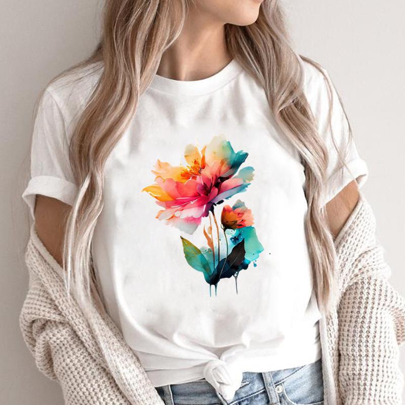 (Asian Size) lovely flower style 90s O-neck Short Sleeve T-shirts Print Casual Top T Graphic Tee Fashion Female Women's Clothing
