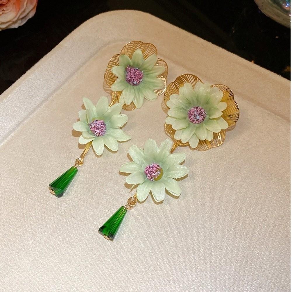 Colorful Fabric Flower Earrings Glass Crystal Drop Earrings Floral Pendant Earrings  Women Jewelry