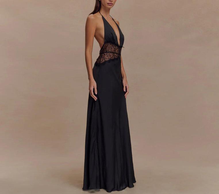 2025 Summer Elegant Deep V Silk Satin Halter Waist-Cinching Long Dress
