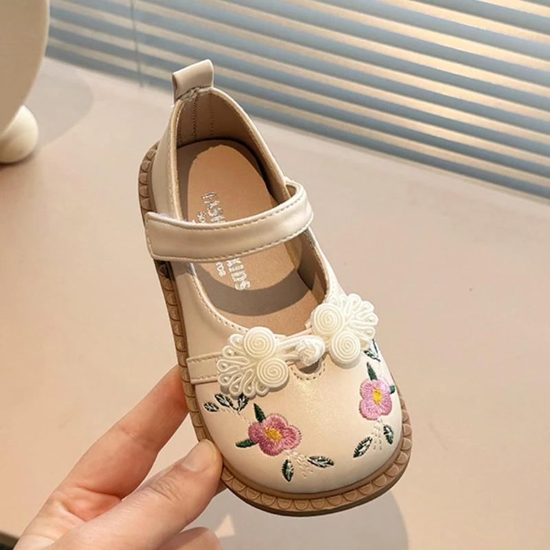 Móda Dětská Kožená Bota Móda Vyšívané Květiny Dívčí Ploché Boty Kauzální Všestranné Jaro Podzim Dětské Princeznovské Boty Protiskluzové