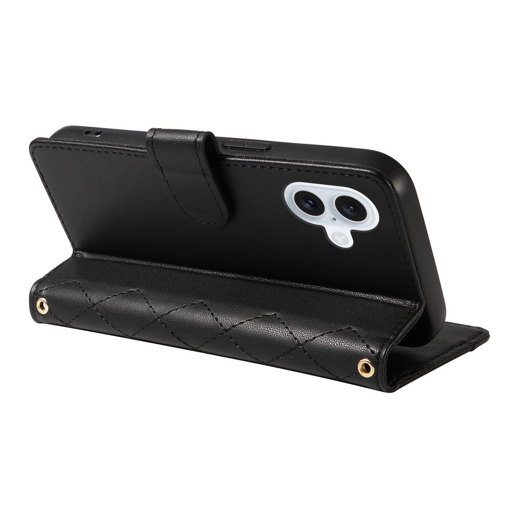 For iPhone 16 Plus Case Wallet Rhombus Leather Handbag Phone Cover with Shoulder Lanyard