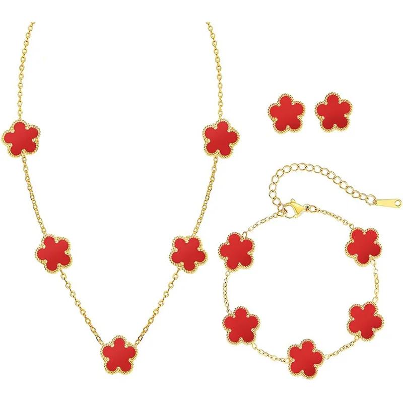 Conjunto de Joias Trevo Cor Prata para Mulheres Aço Inoxidável Hipoalergênico À Prova D'água Brincos Flor Colar Corrente Pulseira Novo