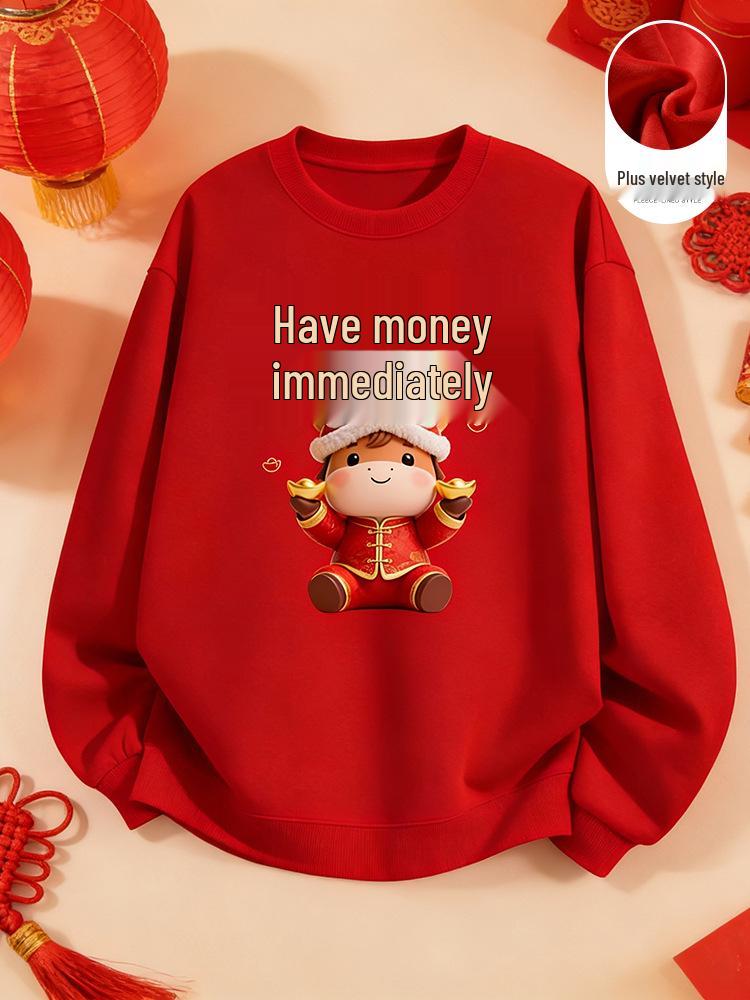 Women's 2026 Year of the Horse Red Round Neck Fleece-Lined Hoodie - Loose Fit, Autumn/Winter Edition