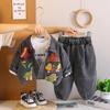 0-5-year-old boys' long sleeved 3-piece set, Children's cartoon printed denim jacket, Round neck white T-shirt, Casual denim pants