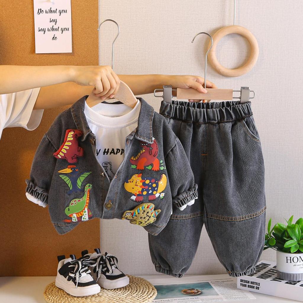 0-5-year-old boys' long sleeved 3-piece set, Children's cartoon printed denim jacket, Round neck white T-shirt, Casual denim pants