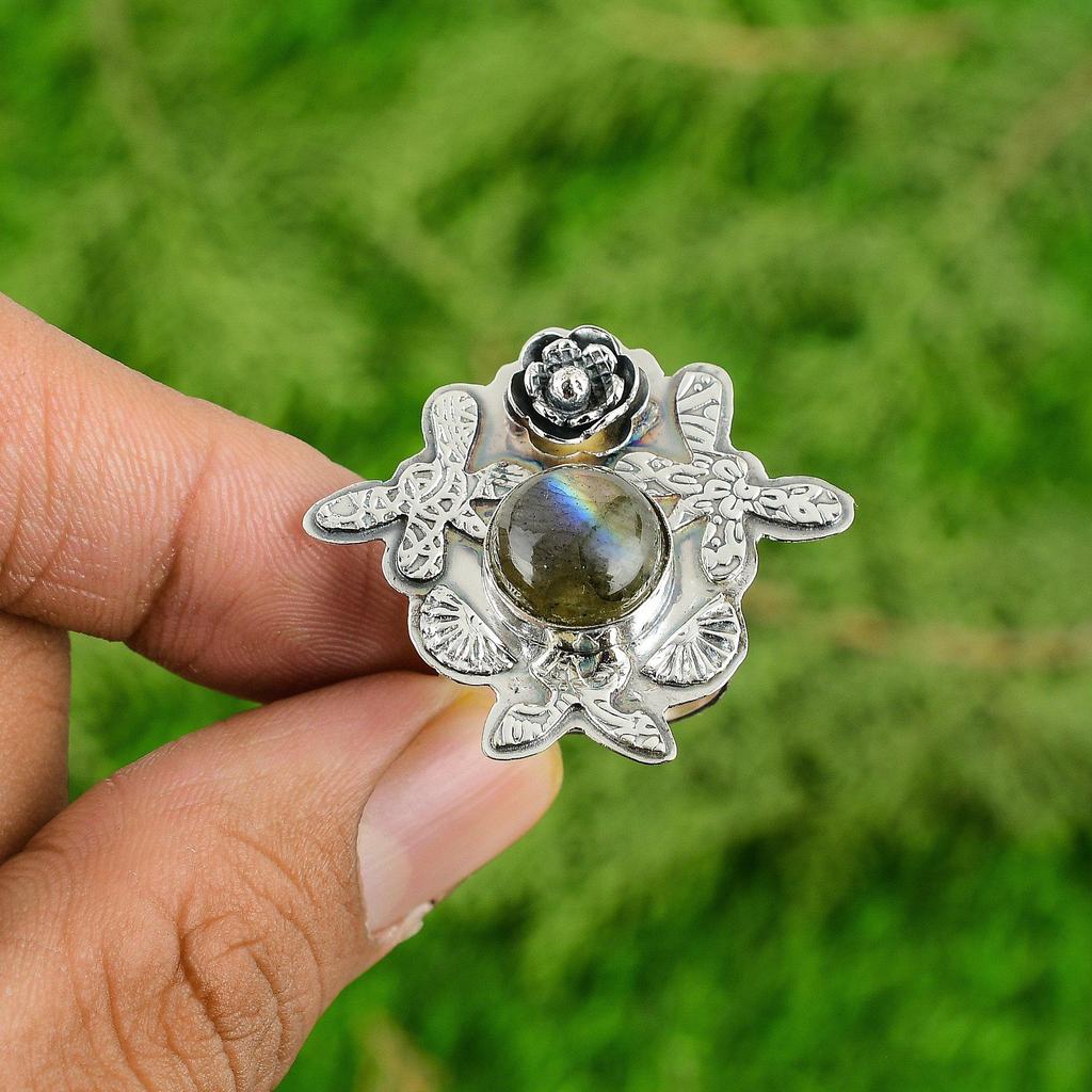 Sterling Silver Natural Labradorite Engagement Statement Flower New Ring Jewelry