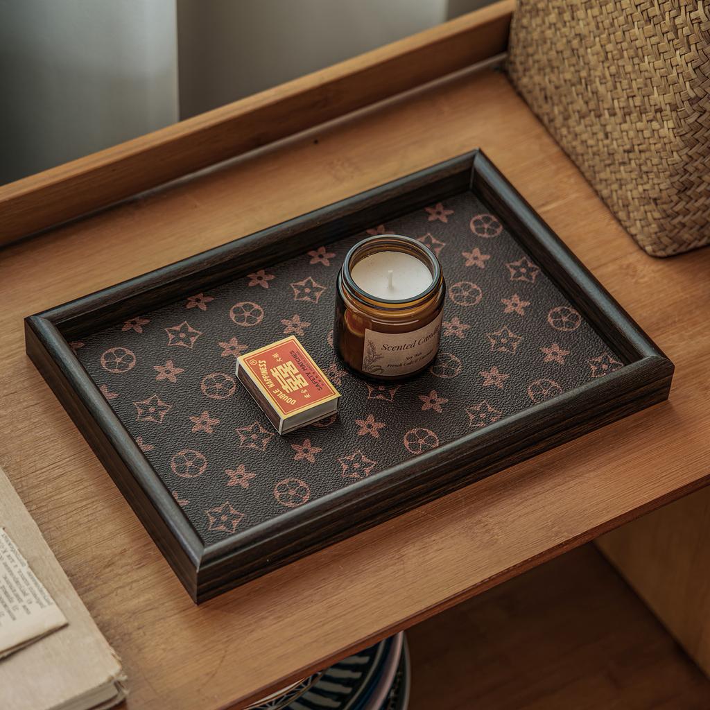Wooden Tray Light Luxury Living Room Desktop Jewelry Storage Tray Leather Material Retro Desktop Display Plate