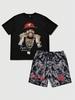 2pcs Summer Men's Hip Hop 3D Graphic Printed Round Neck Short Sleeve Casual Tops and Shorts Set Y2K Streetwear Fitness Jogging