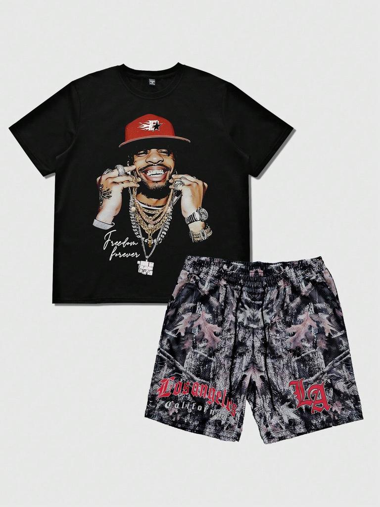 2dílná letní pánská hip hopová sada s 3D grafikou a kulatým výstřihem, krátkým rukávem a neformálním topem a kraťasy, Y2K Streetwear, fitness, běhání