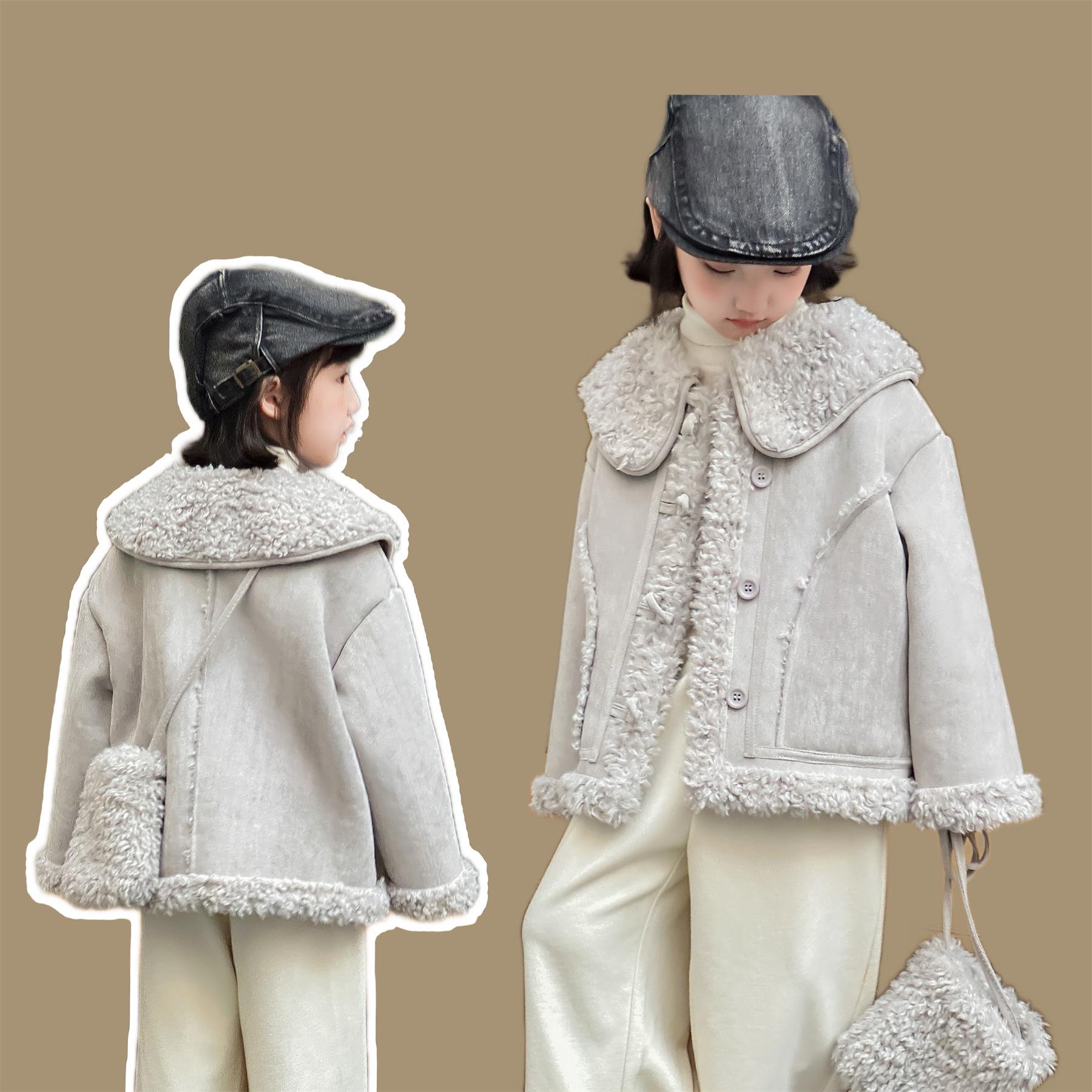 

Korean Style Girls Fleece-Lined Lambswool Coat, 2025 Winter Fashion 140cm сірий колір