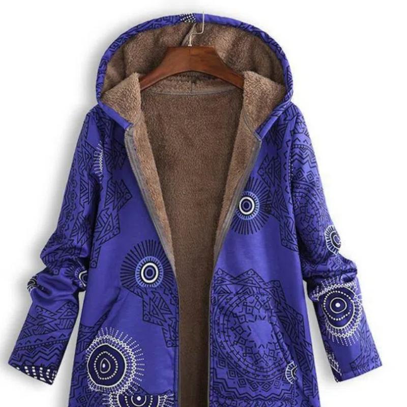 New Autumn Winter Women's Vintage Cotton Linen Coat, Thickened Zip-Up Hooded Jacket with Pockets and Floral Print