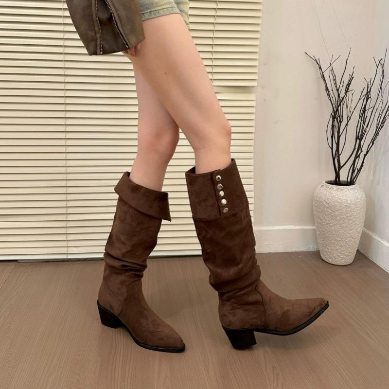 

Женские сапоги-чулки средней длины на высоком каблуке из замши кофейного цвета, весна, осень и зима 2025, с острым носком 40 коричневый