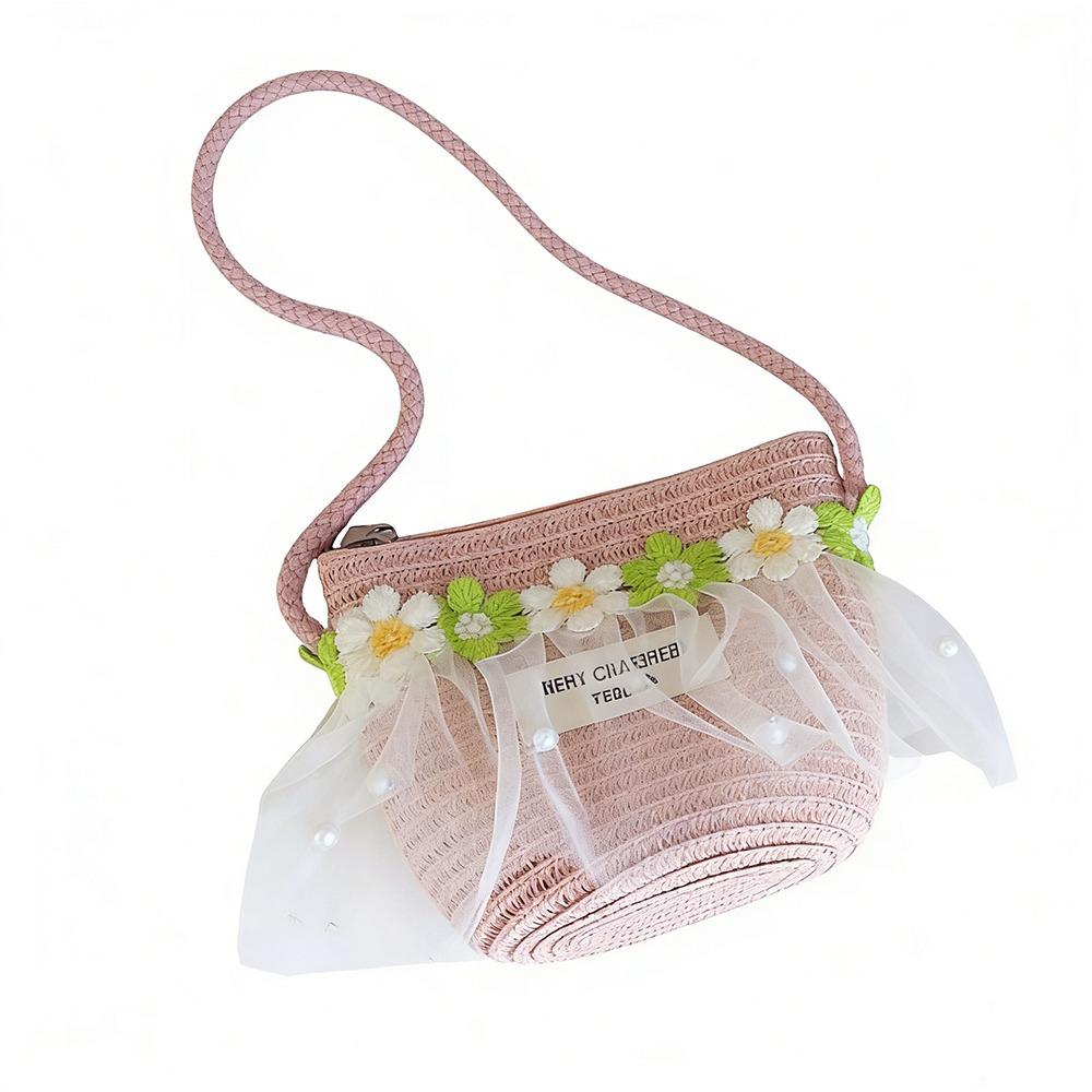 Wide Brim Children Sun Hat Pearl Decoration Breathable Material Sun Hat Straw Material Lace Trim Shoulder Bag Girls Accessories