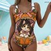 Women Plus Size Scoop Neck Wide Straps One Piece High Cut Swimsuit Halloween Cartoon Animal Pumpkin Printed
