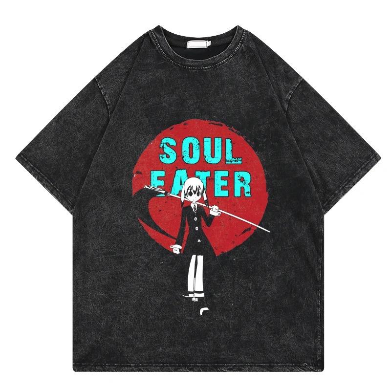 Soul Eater T Shirt Vintage Washed T Shirt Anime Printing Graphic Streetwear Hip Hop Loose Y2k T-Shirt Summer Casual Cotton Tees