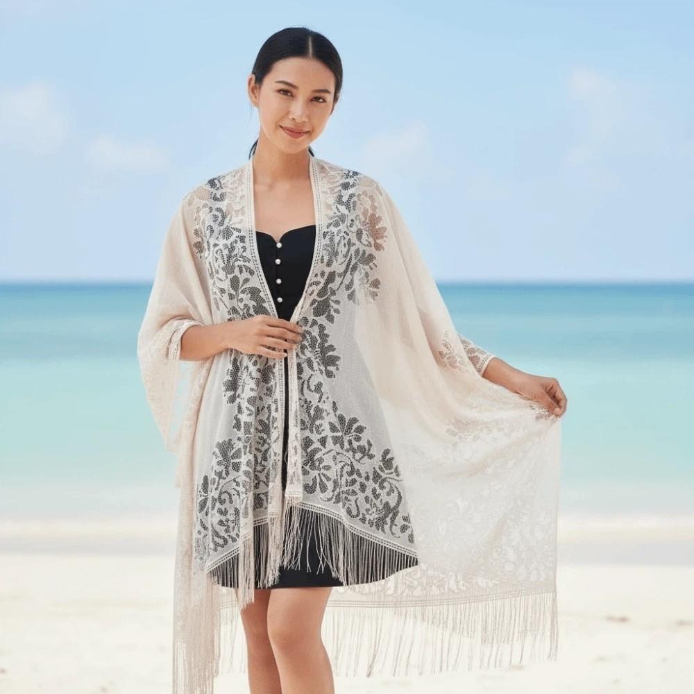 Breathable Lace Hollow Flower Shawl Sunscreen Seaside Vacation Cloak  For Gift