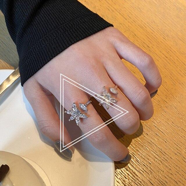 

ANENJERY 925 пробы стерлингового серебра циркон лепесток цветок открытое кольцо для женщин элегантные корейские популярные аксессуары Resizable серебряный