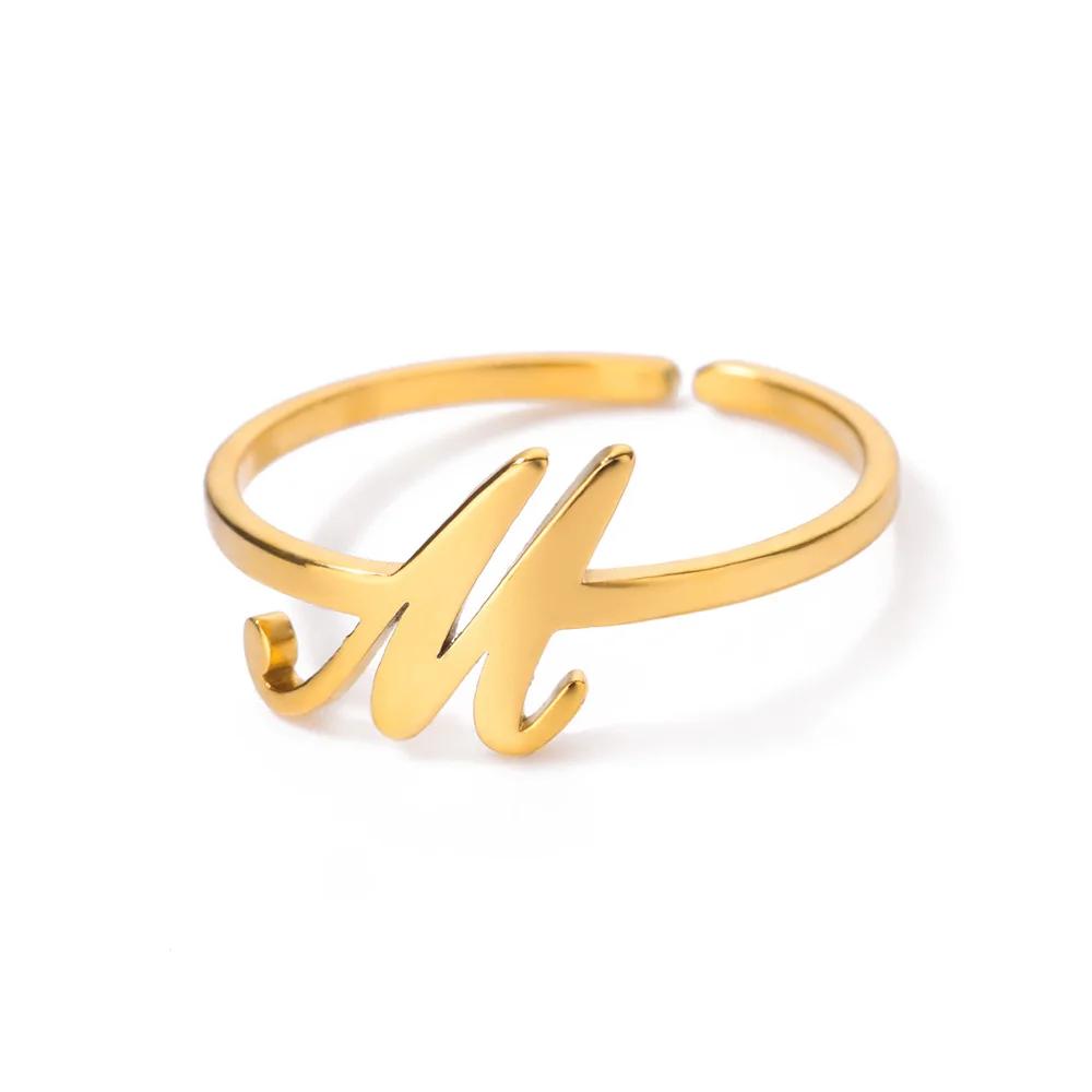 Stainless Steel Initial Letter Pendant Rings For Women Gold Color Trend A-Z Letter Finger Ring Aesthetic Wedding Jewelry Bijoux