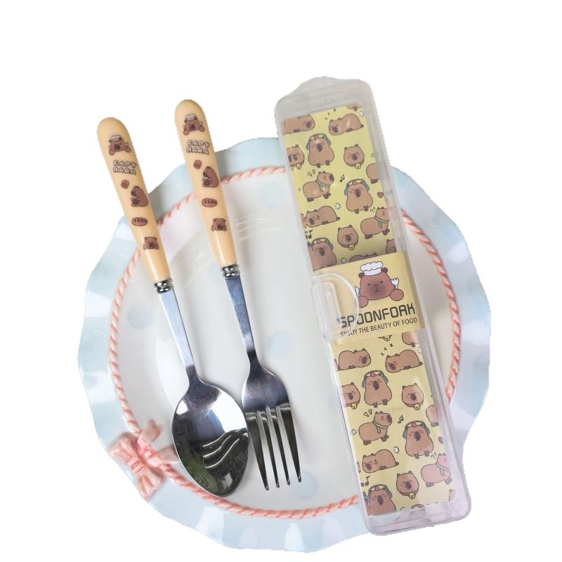 Portable Cartoon Capybara Tableware Cutlery Two-piece Set Fork Spoon Student Dinnerware Sets Kitchen Tableware Stainless Steel