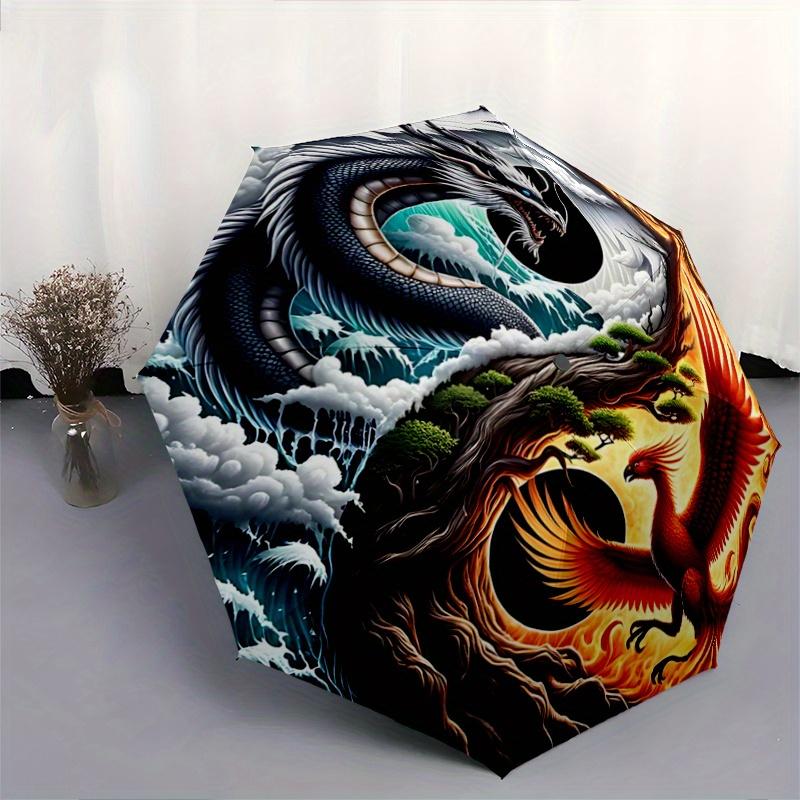 1pc Yin Yang Dragon Phoenix Auto-Open Close Umbrella: Portable Folding Design, 8-Bone Iron Frame, Outdoor, Festival Gift for Fans, Travelers, Dai