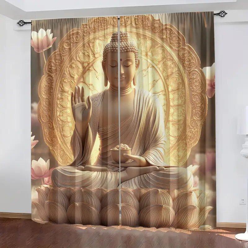 2pcs - A Buddha Statue with a Golden Background Print Curtains, Pole Bag Curtains, Home Decoration, Room Decoration