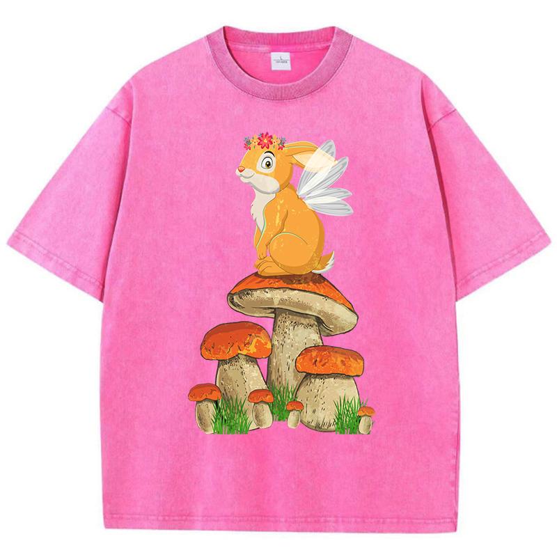 Cottagecore Aesthetic Mushroom Frog Print Washed T Shirt Woman Crewneck Y2K Short Sleeve Summer T-Shirt Cotton
