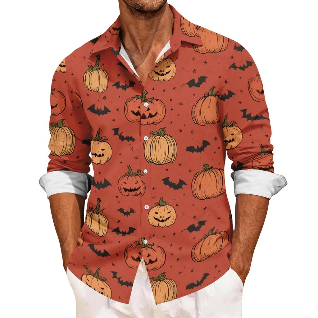 Men's Casual Long Sleeve Halloween Print Button Down Shirt Relaxed Fit Lightweight Breathable Fabric Comfortable Daily Wear