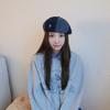 25 early autumn new niche splicing denim beret women's printing trendy painter hat