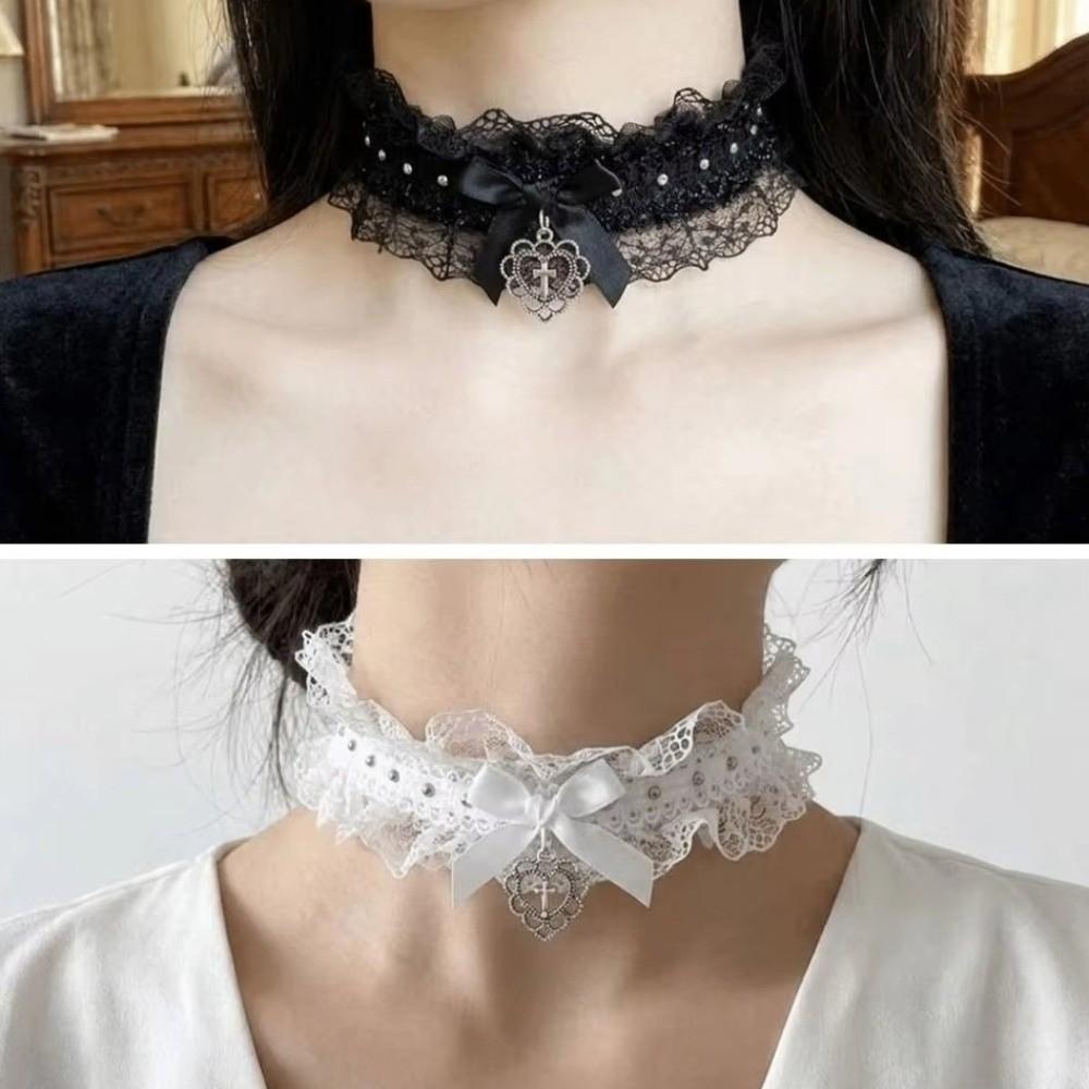 Bow Cross Heart Heart Pendant Necklace Elastic Band Collar Necklace New Lace Necklace Girls Women