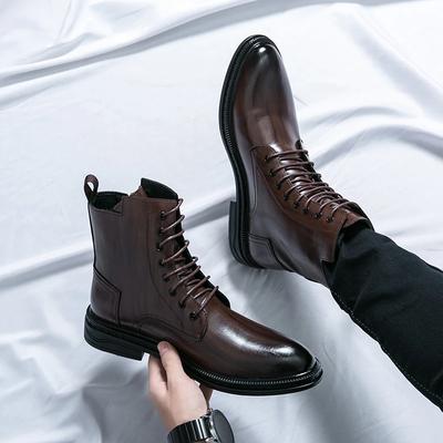 2024 Herren High Top Britischer Stil Dicke Sohle Motorradstiefel Leder Schwarz Geschnürt Denimstiefel Runde Zehe Seitenreißverschluss Punkstiefel
