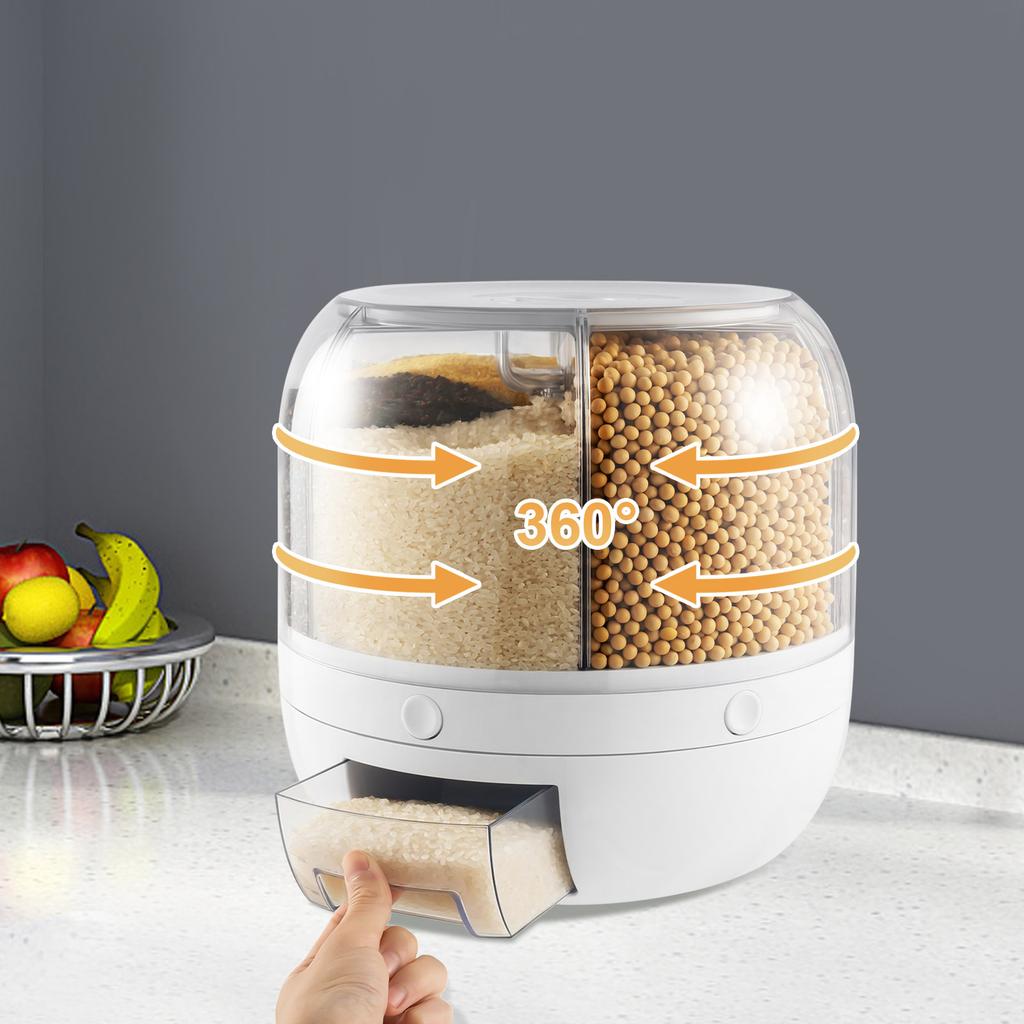 Bymaocar 6-compartment Grain Storage Container Storage Can, 360° Rotatable Food Dispenser for Storing Coarse Cereals & Dry Goods