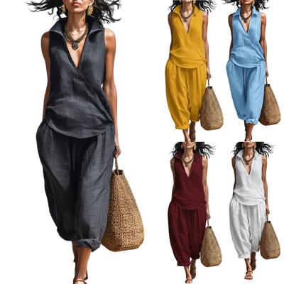 Damenmode Ärmellos Locker Minimalistisch Baumwolle-Leinen Lässig Zweiteiliges Set
