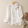 Hong Kong Style Embroidered Cotton Linen Shirt - Artistic Retro Casual Top for Women, Spring/Autumn 2025.