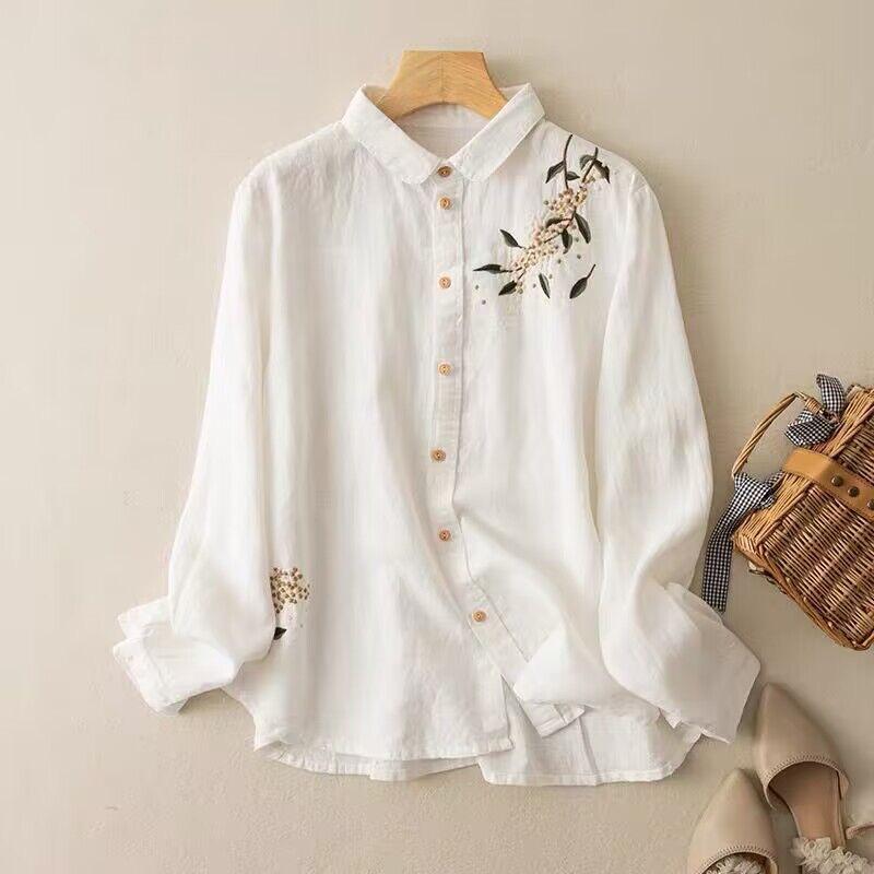 Hong Kong Style Embroidered Cotton Linen Shirt - Artistic Retro Casual Top for Women, Spring/Autumn 2025.