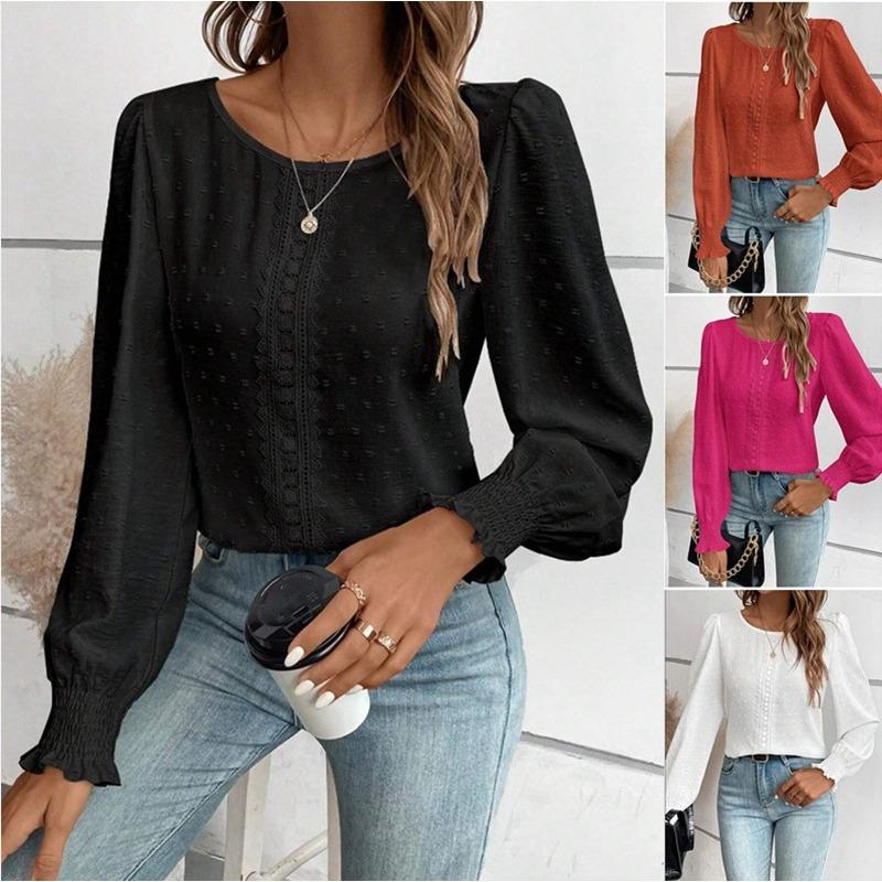 Women's Shirt Spring and Summer 2026 Round Neck Lace Casual Loose Women's Blouses Puff Sleeve Tops Vintage Elegant Solid Color Office Ladies Shirts