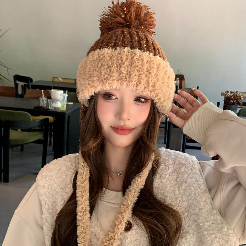 Women's Winter Knit Beanie Hat with Earmuffs, Soft Cotton Blend, One Size Fits Most, Solid Color, Fantasy Theme, Lightweight and Adjustable