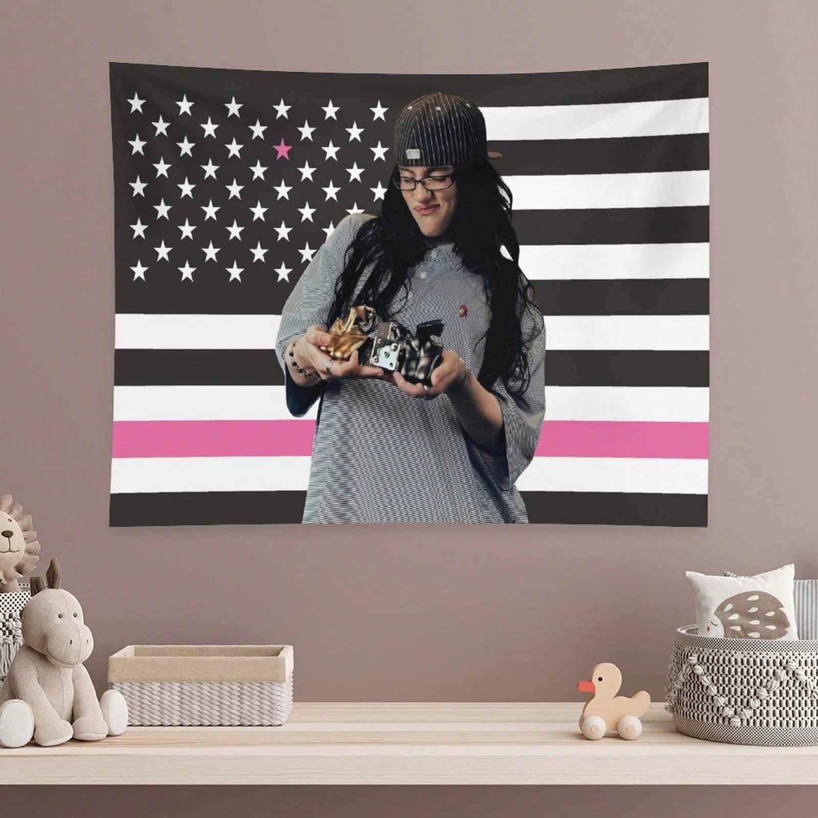 1 Stück Billie Eilish Black Pink Amerikanische Flagge Wandteppich, Sänger Fan Wandbehang, Coole Zimmer Deko, Große Größe, Polyester 2D Druck, B 100X70CM white
