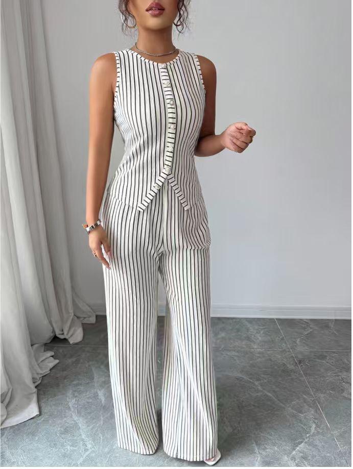 1116 New Striped Vest Long Pants Set, Summer Women's Casual Wear, Elegant Commuter Two-Piece Set