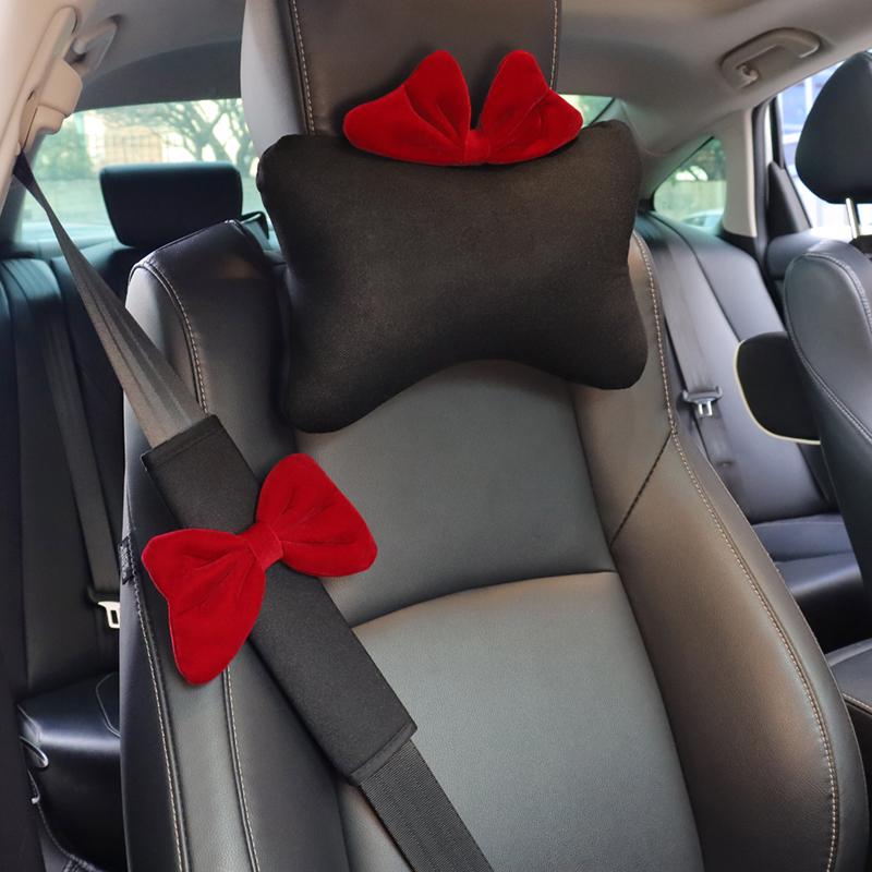 Cute Cartoon Red Bow Car Neck Pillow Summer Ice Silk Universal Auto Seat Headrest Support Seatbelt Cover Car Accessories