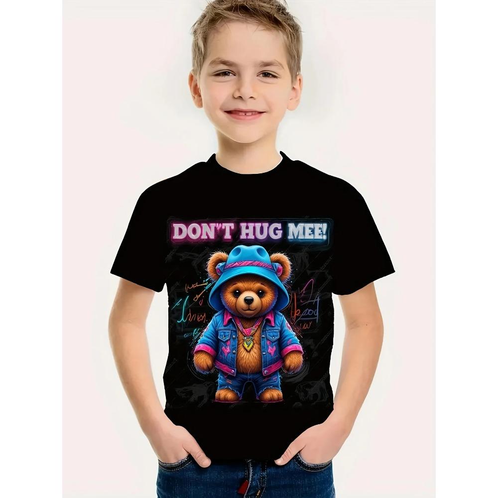 

Kids Short Sleeve T-Shirt Cool Bear Print Summer Casual Stylish O-Neck Boys Girls Fashionable Versatile Short Sleeves T-shirt 170