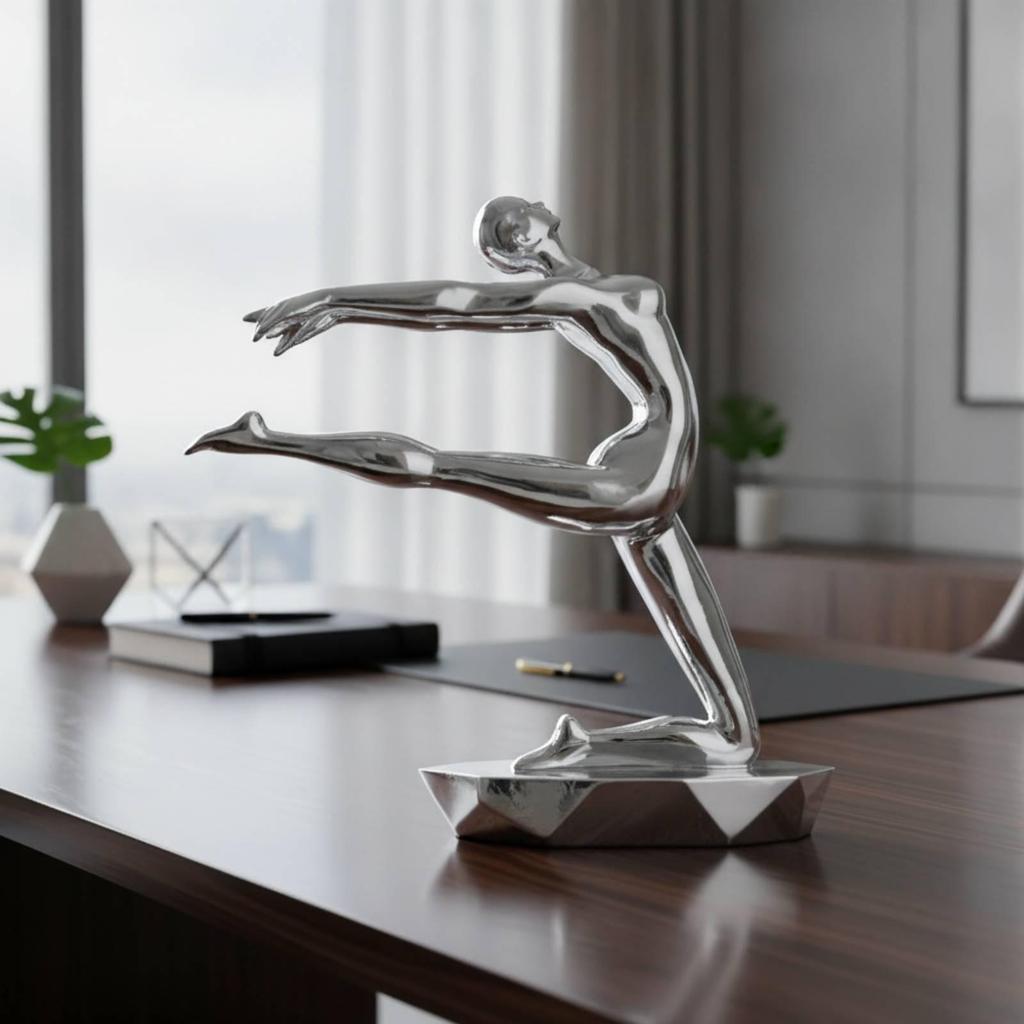 Silver Exercise Pose Figurine with Rectangular Base Glossy Resin Sculpture Artistic