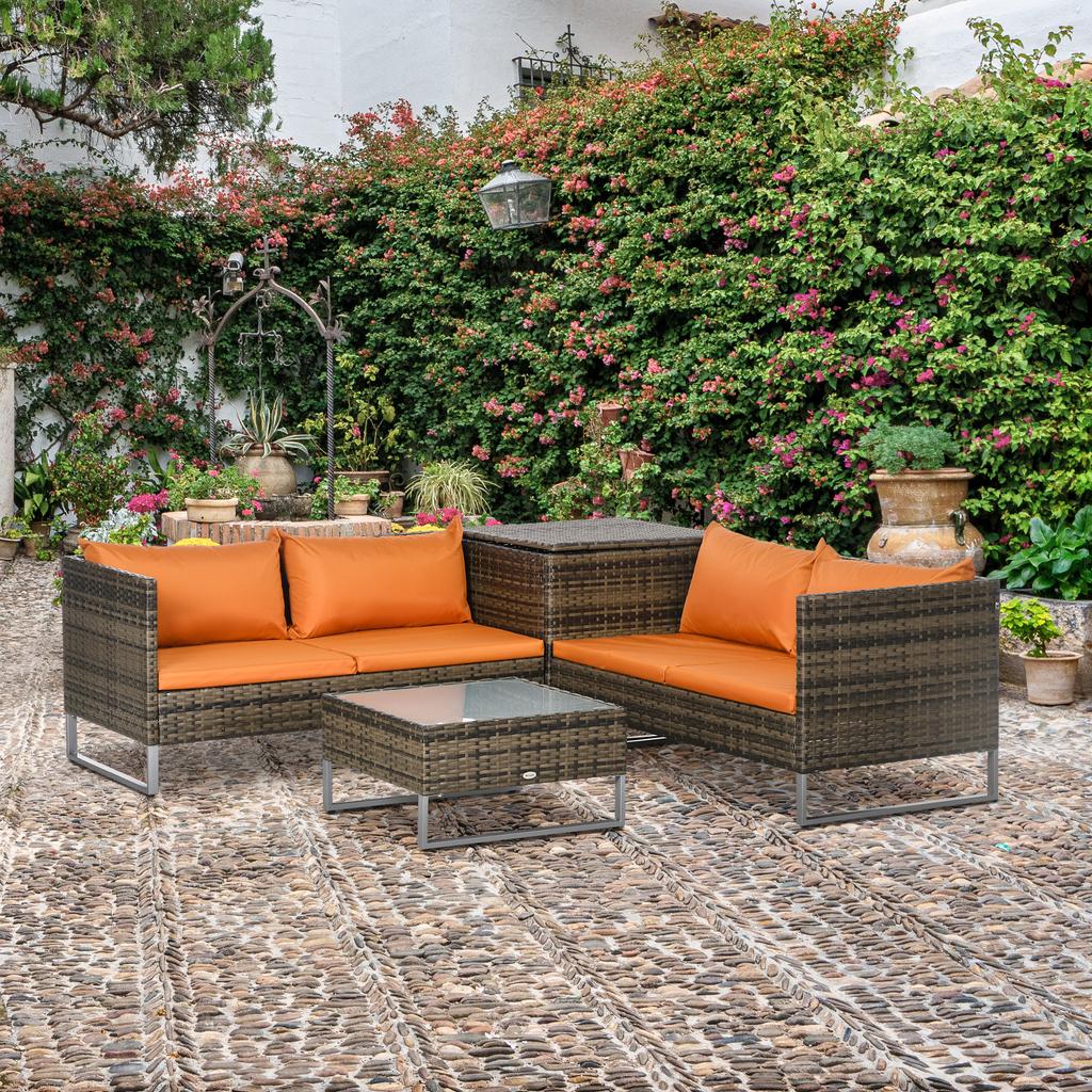 4 Piece Rattan Garden Furniture Set, Outdoor Corner Sofa Set with Storage Table, Loveseats, Cushions - Orange