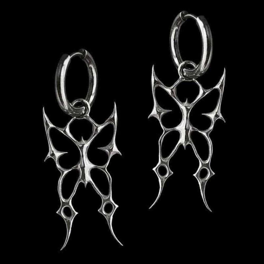 Gothic Punk Silver Color Hollowed-out Thorn Swallowtail Butterfly Pendant Hoop Earrings for Men Women Couples Halloween Jewelry